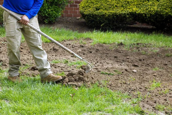 Landscapers Gardeners Mowing Lawn Rake Ground Soil Gardening Agricultural Working — Stock Photo, Image