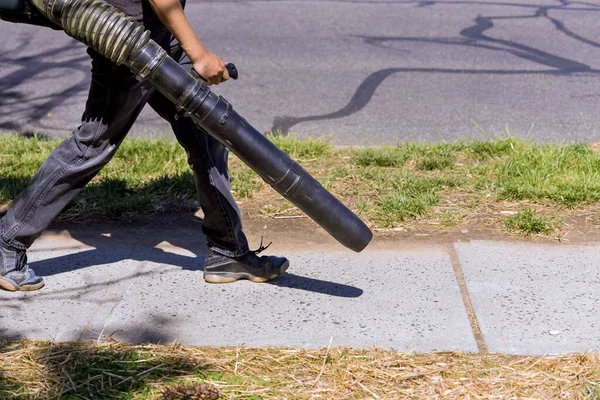 Der Gärtner Säubert Den Laubbläser Parkweg Mit Gartengeräten Zur Lufterzeugung — Stockfoto