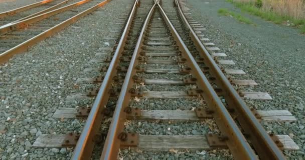 Aerial view of railroad station at trains and carriages in a sump. — Stock Video