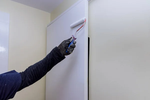 Worker Home Restoration Painter Hands Gloves Painting Door Using Hand — Stock Photo, Image