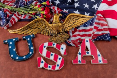 Anma Günü 'nde Amerikan ulusal bayrağını kutlayan gaziler, Amerikan Kel Kartalı' nda ABD metniyle kutladılar.