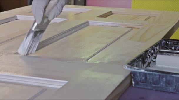 Peintre bricoleur de rénovation de maisons de peinture garniture de portes à l'aide de peinture au pinceau à main — Video