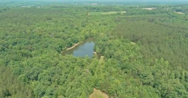 Yaz mevsiminde Campobello, Güney Carolina 'daki dağlar arasında dağ gölü üzerinde havadan panoramik manzara