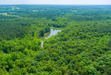 Yaz mevsiminde Campobello, Güney Carolina 'daki dağlar arasında dağ gölü üzerinde havadan panoramik manzara