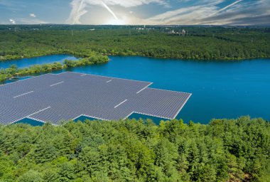 Panorama aerial view of floating farm solar panels cell park platform system on the lake the modern technology clipart