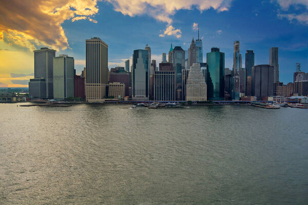 Aerial view of the panoramic sunset landscape large spectacular buildings in New York City NY USA