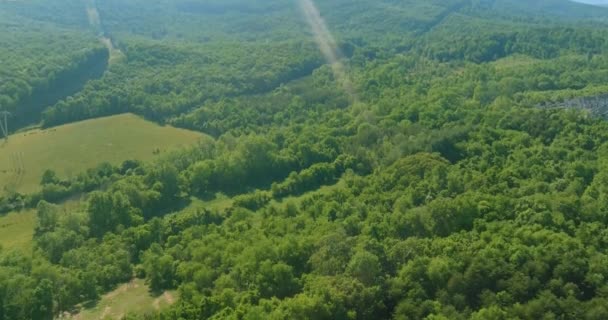 Vista aérea panorámica del bosque de árboles verdes de verano en la ciudad de Daleville con montañas del valle en Virginia Occidental — Vídeo de stock