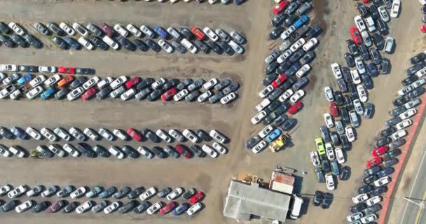 Vista aerea dall'alto verso il basso di auto d'asta parcheggiate nel parcheggio auto — Video Stock