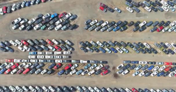 Flygfoto ovanifrån av auktionsbilar parkerade på parkeringen — Stockvideo