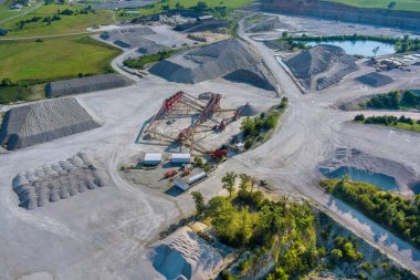 Panorama hava manzaralı açık maden ocakları, çöpçüler, maden çıkarma endüstrisi kazma makineleri büyük madencilik kamyonları.
