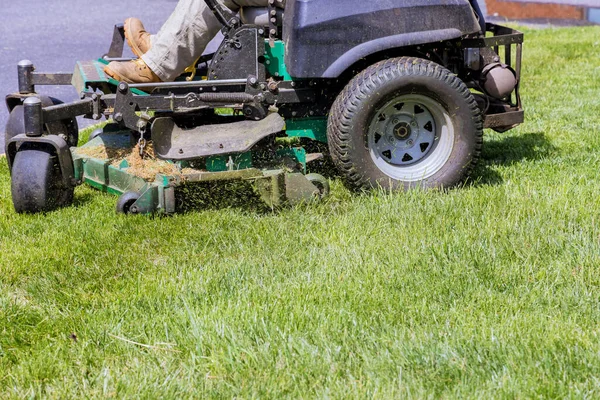 Kommunal Service För Att Klippa Gräsmattor Gräsklippare Grönt Gräs Trädgården — Stockfoto