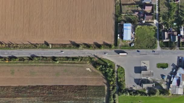 Oogsten van tarwe in de lucht van oogstvelden in de buurt van dorp — Stockvideo