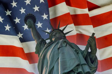Statue of Liberty on the background flag United States New York, USA