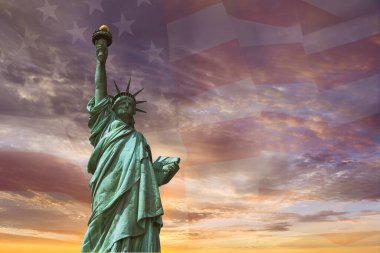 United States of America in Statue of Liberty on the background flag USA the sunset