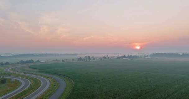 高速道路を渡って霧の早朝の日の出と風景牧草地 — ストック動画
