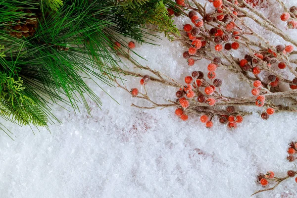 松の木の枝で雪に覆われたクリスマスの装飾 — ストック写真