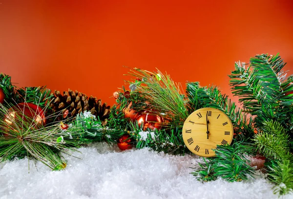 Merry New Year Happy Holidays Winter Decorative Clock Fir Tree — Stock Photo, Image