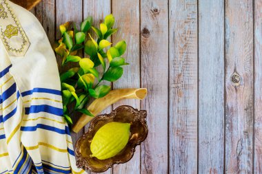 Yahudi güz bayramı festivali geleneksel simgeleri kutluyor Etrog, lulav, hadas, arava