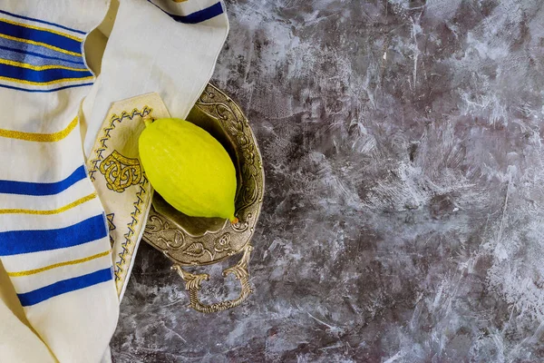 Festa Férias Outono Judaica Sukkot Celebração Símbolos Tradicionais Etrog Lulav — Fotografia de Stock