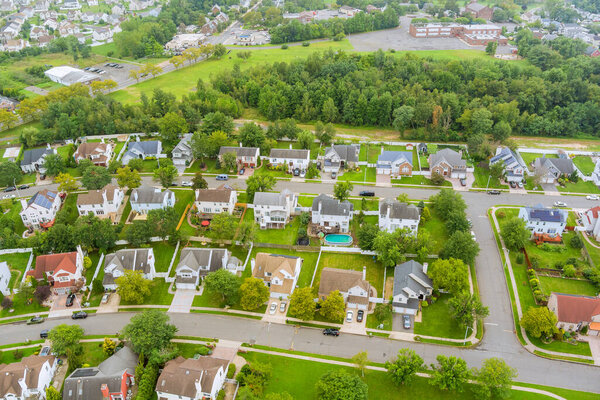 Aerial view of the residential Sayreville town area of beautiful suburb of dwelling home road from a height in New Jersey US