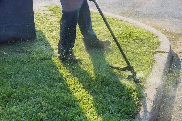 Jardinero Corta Hierba Con Una Cortadora Césped Día Soleado — Foto de Stock