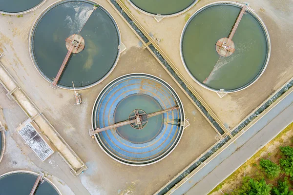 Aerial view of waste industrial water treatment plant solid sedimentation tank