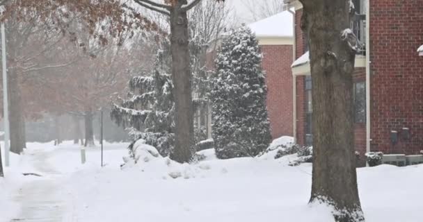 Blick auf die Landschaft der kleinen Stadt mit weißem Schnee bedeckt — Stockvideo