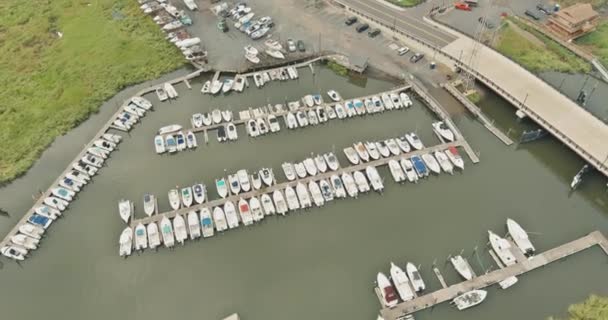 Many boats and yachts are near pier in ocean bay in sunny summer day — Stock Video