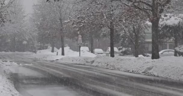 Άποψη του χειμώνα καταιγίδα χιονισμένο δρόμο ημέρα κάλυψε χιόνι η μικρή πόλη — Αρχείο Βίντεο