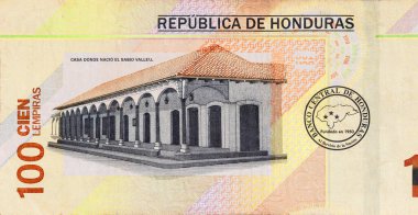 Lempira, Honduras para birimi, 100 lempira banknot Banco Central De Honduras tarafından basılmış. ön görünüm,