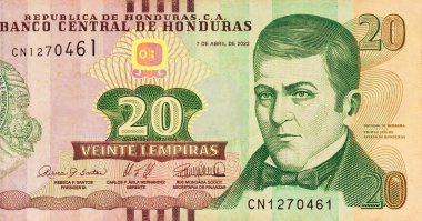 Honduras para birimi, Banco Central De Honduras tarafından çıkarılan 20 lempira değerinde nakit banknot. arka plan