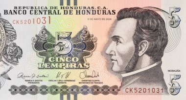 Honduras, Honduras Merkez Bankası tarafından basılan 5 lempira banknotuyla lempira 'yı resmi para birimi olarak kullanır. arka plan
