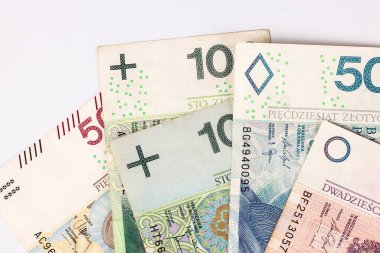 Polonya 'nın çeşitli değer ve tasarımlarına ait banknotlar düz bir yüzeyde sergilenmekte ve detaylarını gözler önüne sermektedir..