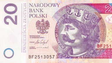 Hakiki Polonya banknot değeri 20 zloti banknot Merkez Bankası Polski düzenleme ön görünümü altında basıldı