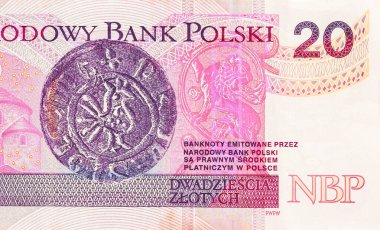 Polonya 'nın resmi tiraj banknotu Narodowy Bank Polski' nin dikiz aynasından 20 zloti