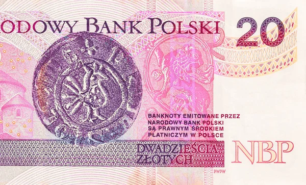 Polonya 'nın resmi tiraj banknotu Narodowy Bank Polski' nin dikiz aynasından 20 zloti
