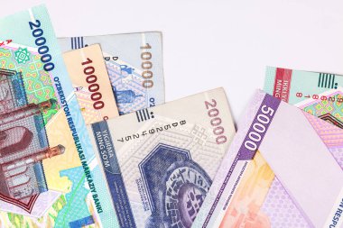 Özbekistan 'dan gelen çeşitli banknotlar düz bir yüzeyde dizayn edilmiş tasarımlarını ve değerlerini açıkça gösteriyor.