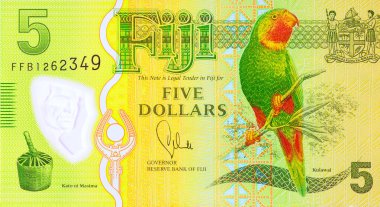 Fiji Reserve Bank of Fiji 'den beş dolarlık polimer nakit banknot.