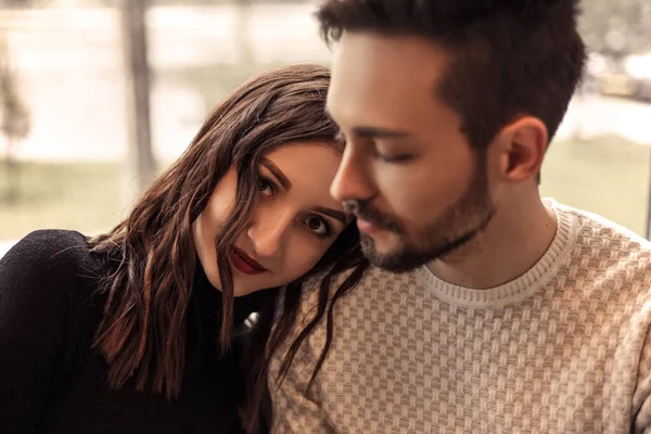 Close Portrait Young Man Trendy Beard Curly Woman Looking Camera — Stock Photo, Image