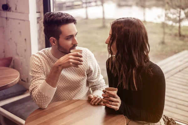 Young European Love Couple Sitting Roadside Cafe Smiling Laughing Talking — Stock Photo, Image