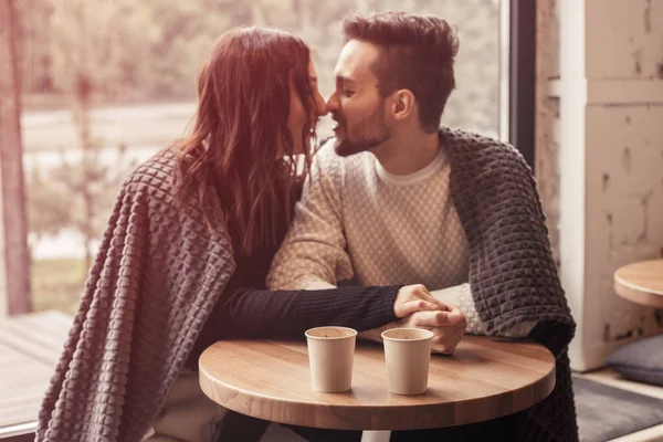 Focus Cups Close Portrait Lovely Couple Sitting Cafe Flitring Kissing — Stock Photo, Image