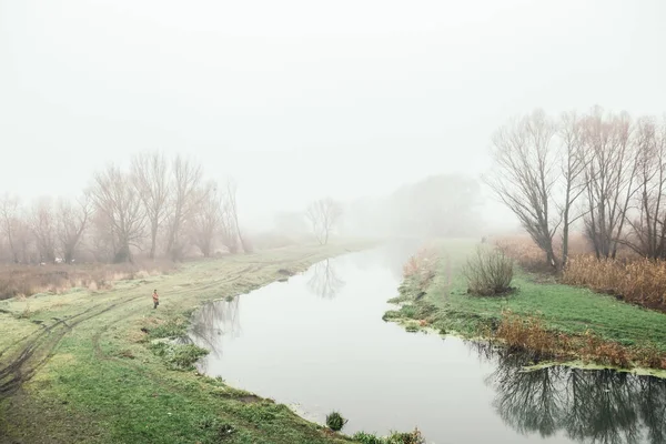 Fisherman catches fish early in the morning. Landscape pier moody rainy weather day outside, dark clouds nature trees water flow, rum on green grass, wetlands swamp dirty. Image with copy space.