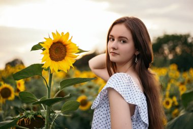 Sevimli, çekici bir genç kız sarı buket çiçeklerin açtığı açık hava günbatımı, sıcak doğa arka planında yürüyor. Kadın hafta sonu seyahat ederken durdu. Yaz tatili