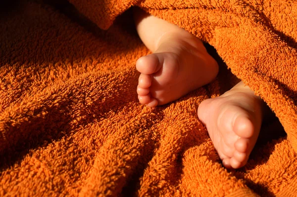 Pies de bebé debajo de la manta — Foto de Stock