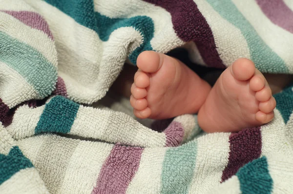 Baby voeten onder deken — Stockfoto