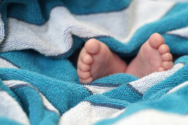 Baby voeten onder deken — Stockfoto