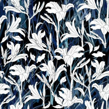 Bahçe zambaklarının, çimenli mavi bir arka planda kusursuz bir resmi. Beyaz uçan yapraklar ve beyaz cilt yüzeyi ile.