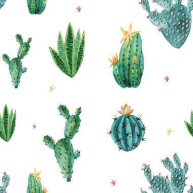 Beyaz arka planda yeşil kaktüs ve pembe çiçeklerin kusursuz el yapımı suluboya tablosu. Not defteri, ambalaj kağıdı, duvar kağıdı, tekstil için resim.