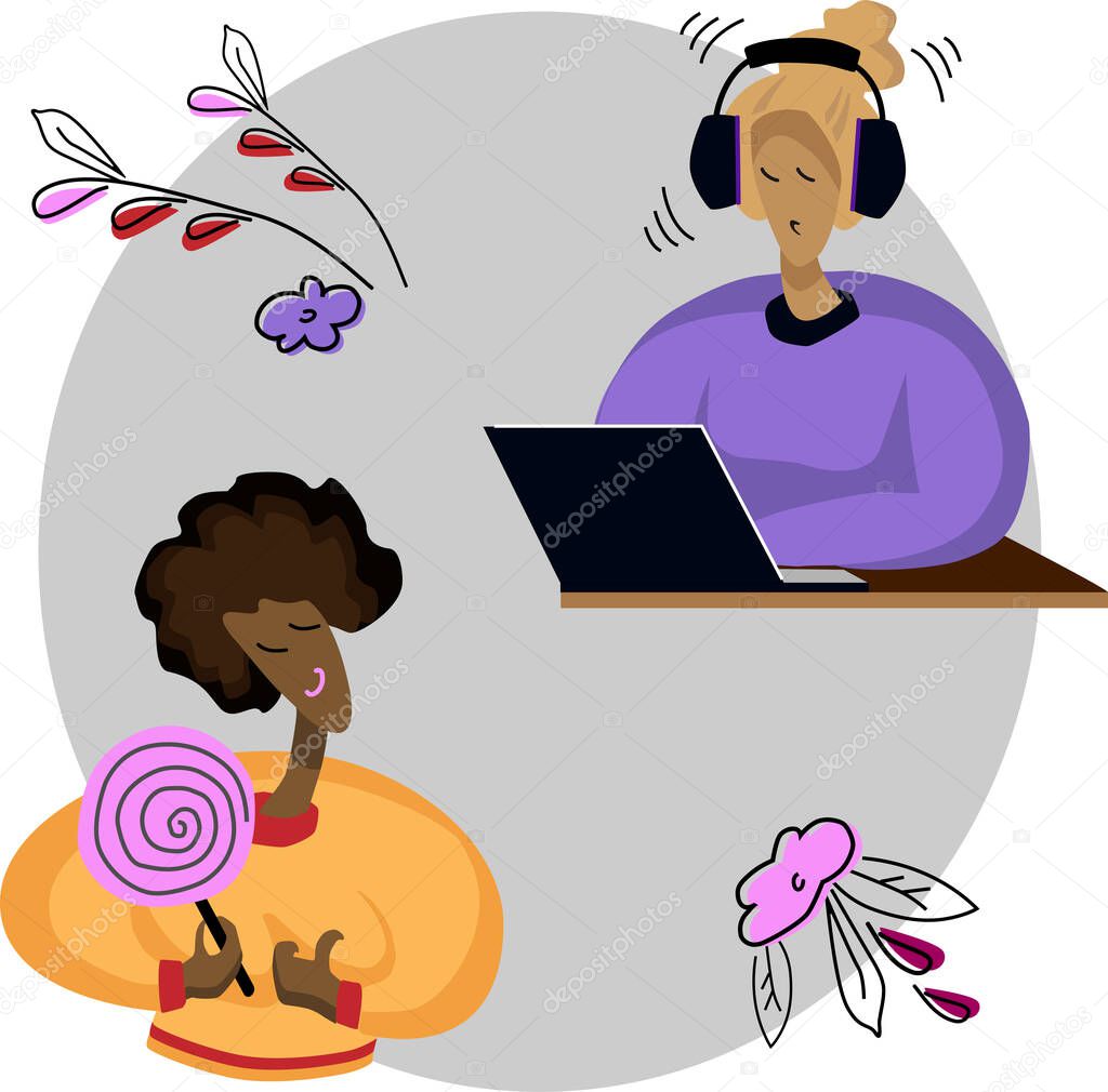 Illustration of two girlfriends, sisters. One listens to music, the other enjoys sweets. The image is made in a vector.