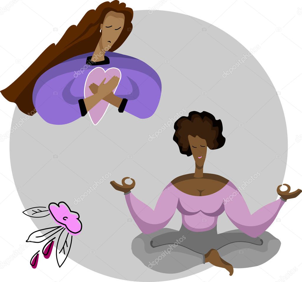  RGBIllustration of two girlfriends, sisters. One does yoga meditation, the other is sad for love. The image is made in a vector.